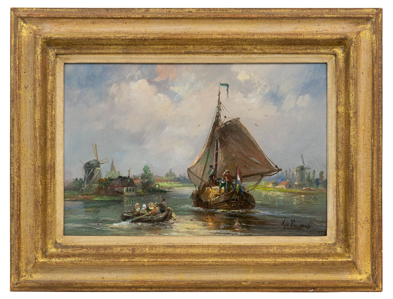 Prooijen A.J. van | Albert Jurardus van Prooijen | Schilderijen te koop aangeboden | Riviergezicht met zeilende hooitjalk, olieverf op paneel 21,2 x 32,0 cm, gesigneerd rechtsonder Prooijen A.J. van | Albert Jurardus van Prooijen | Schilderijen te koop aangeboden | Riviergezicht met zeilende hooitjalk, olieverf op paneel 21,2 x 32,0 cm, gesigneerd rechtsonder
