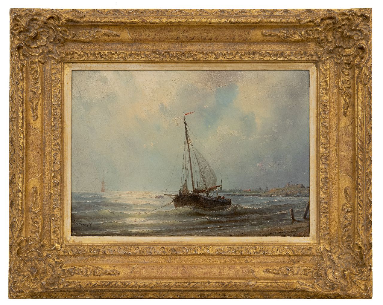 Schiedges P.P. | Petrus Paulus Schiedges, Voor anker langs de kust, olieverf op paneel 23,0 x 33,2 cm, gesigneerd linksonder en gedateerd '62 Schiedges P.P. | Petrus Paulus Schiedges, Voor anker langs de kust, olieverf op paneel 23,0 x 33,2 cm, gesigneerd linksonder en gedateerd '62