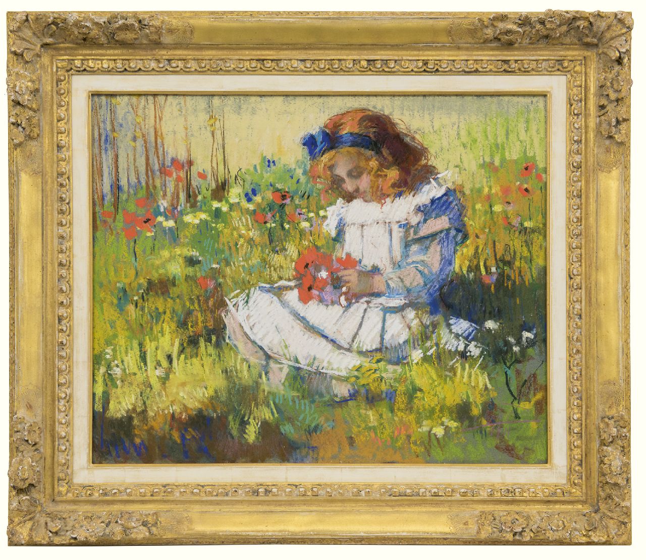 Graafland R.A.A.J. | Robert Archibald Antonius Joan 'Rob' Graafland | Aquarellen en tekeningen te koop aangeboden | Dochter van de schilder in een bloemenveld, pastel op papier 51,9 x 63,5 cm, gesigneerd rechtsonder en gedateerd 1911 Graafland R.A.A.J. | Robert Archibald Antonius Joan 'Rob' Graafland | Aquarellen en tekeningen te koop aangeboden | Dochter van de schilder in een bloemenveld, pastel op papier 51,9 x 63,5 cm, gesigneerd rechtsonder en gedateerd 1911