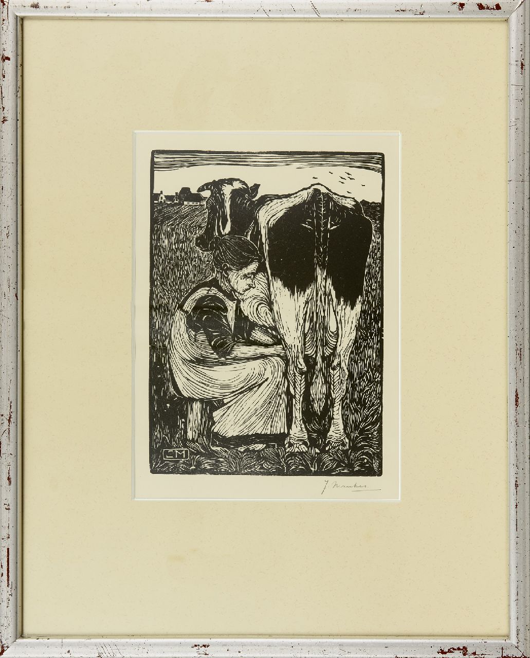 Mankes J. | Jan Mankes, Koemelkende boerin, houtsnede op papier 22,0 x 16,0 cm, gesigneerd rechtsonder (in potlood) en te dateren 1914 Mankes J. | Jan Mankes, Koemelkende boerin, houtsnede op papier 22,0 x 16,0 cm, gesigneerd rechtsonder (in potlood) en te dateren 1914