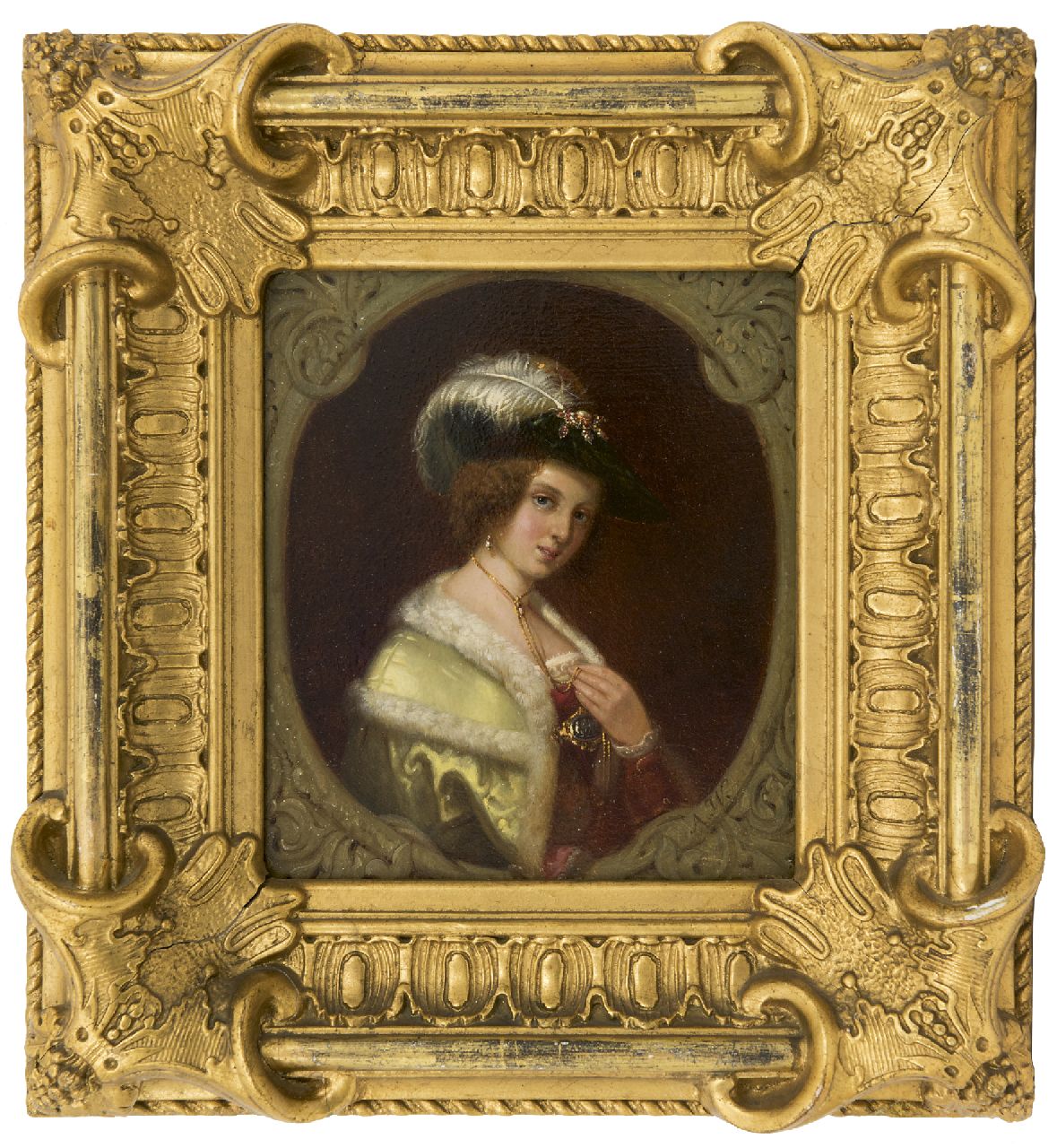 Waldorp A. | Antonie Waldorp, Portret van een rijk uitgedoste vrouw, olieverf op paneel 19,0 x 16,2 cm, gesigneerd rechtsonder met initialen Waldorp A. | Antonie Waldorp, Portret van een rijk uitgedoste vrouw, olieverf op paneel 19,0 x 16,2 cm, gesigneerd rechtsonder met initialen