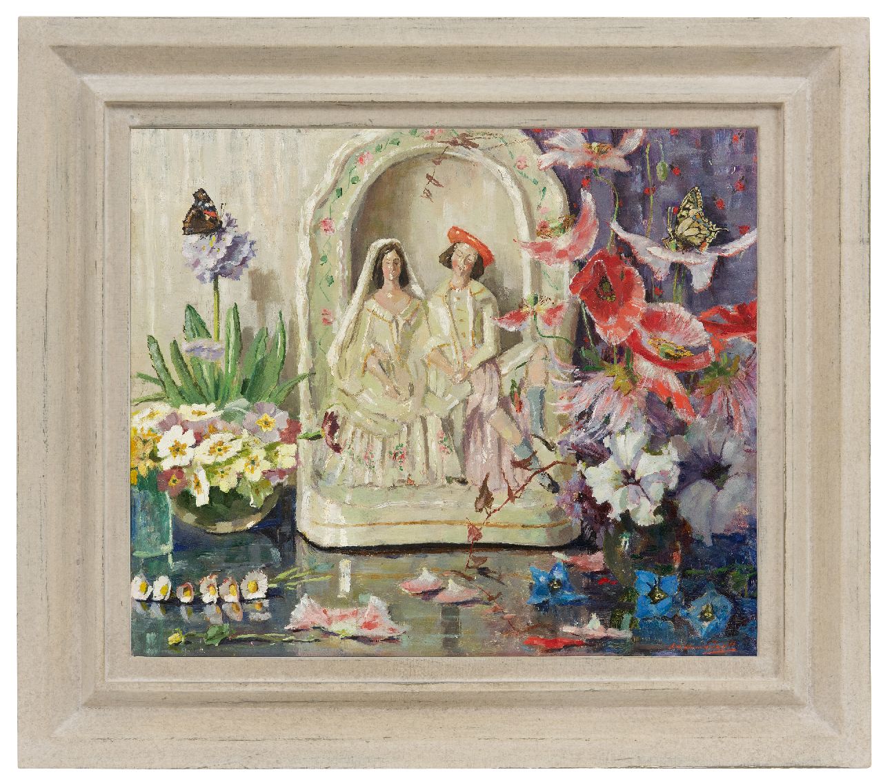 Dam van Isselt L. van | Lucie van Dam van Isselt | Schilderijen te koop aangeboden | Stilleven met bloemen, vlinders en porseleinen huwelijksbeeldje, olieverf op paneel 45,2 x 53,2 cm, gesigneerd rechtsonder Dam van Isselt L. van | Lucie van Dam van Isselt | Schilderijen te koop aangeboden | Stilleven met bloemen, vlinders en porseleinen huwelijksbeeldje, olieverf op paneel 45,2 x 53,2 cm, gesigneerd rechtsonder