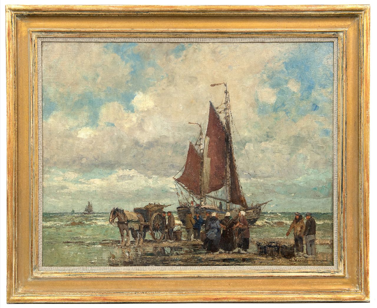 Hambüchen W.  | Wilhelm Hambüchen, Bomschuit en vissers op het strand van Katwijk, olieverf op doek 60,2 x 80,4 cm, gesigneerd rechtsonder en zonder lijst