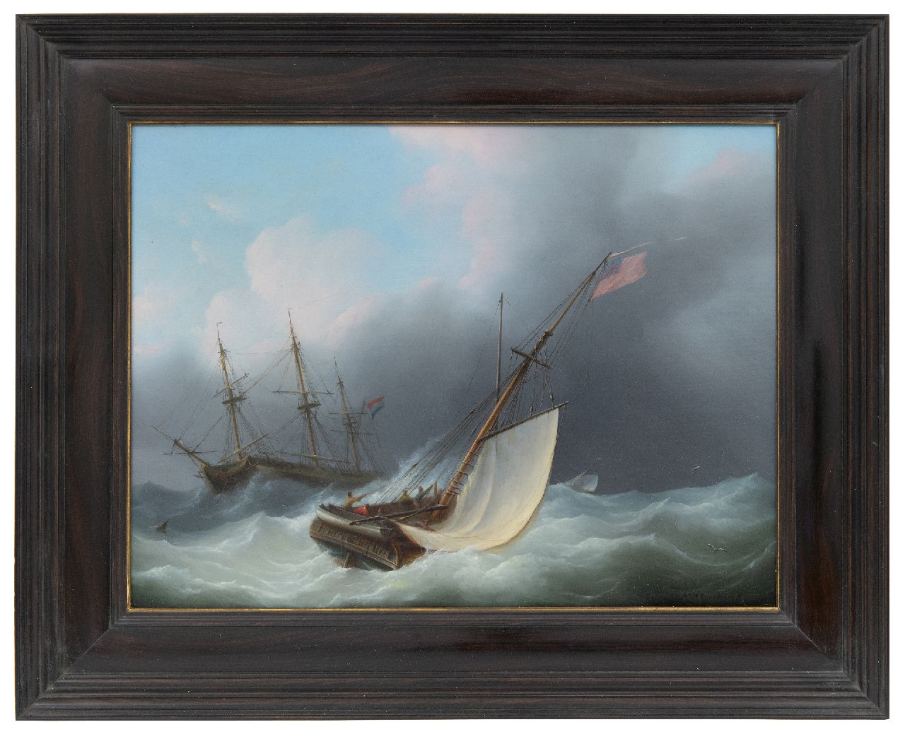 Schouman M.  | Martinus Schouman, Schepen op woelige zee (pendant van 20317), olieverf op paneel 29,5 x 39,7 cm, gesigneerd rechtsonder