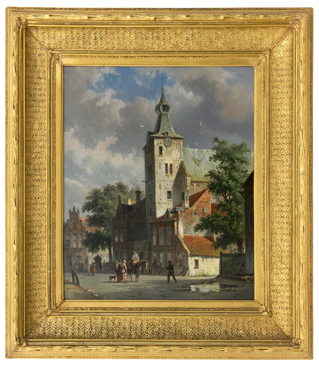 Eversen A. | Adrianus Eversen, Gezicht op de Andreaskerk in Hattem, olieverf op doek 47,8 x 38,7 cm, gesigneerd rechtsonder en verso op etiket Eversen A. | Adrianus Eversen, Gezicht op de Andreaskerk in Hattem, olieverf op doek 47,8 x 38,7 cm, gesigneerd rechtsonder en verso op etiket