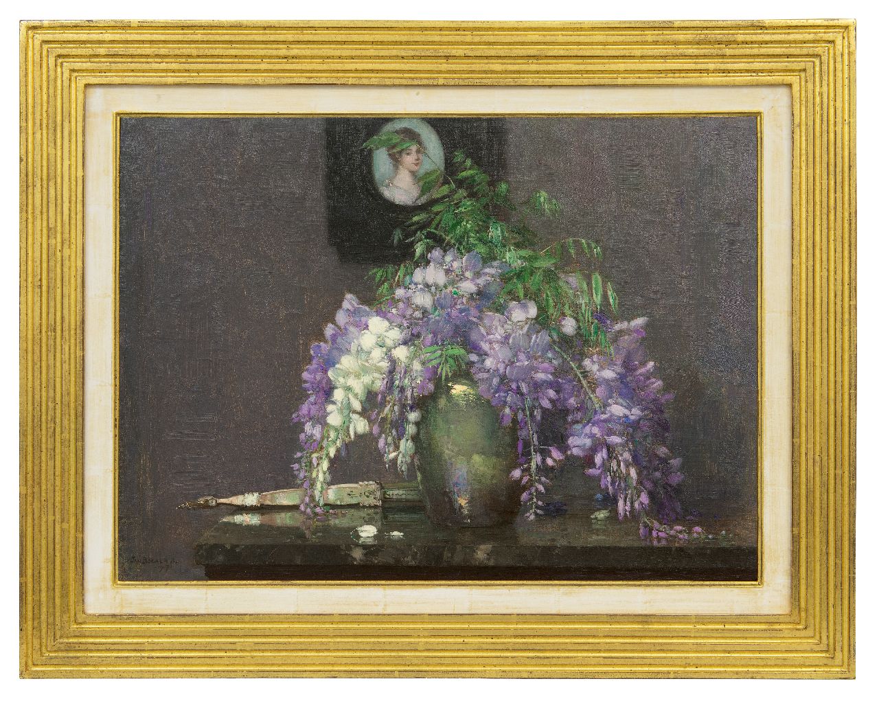 Bogaerts J.J.M. | Johannes Jacobus Maria 'Jan' Bogaerts | Schilderijen te koop aangeboden | Stilleven met wisteria en miniatuurportretje, olieverf op doek 40,3 x 55,1 cm, gesigneerd linksonder en gedateerd 1917 Bogaerts J.J.M. | Johannes Jacobus Maria 'Jan' Bogaerts | Schilderijen te koop aangeboden | Stilleven met wisteria en miniatuurportretje, olieverf op doek 40,3 x 55,1 cm, gesigneerd linksonder en gedateerd 1917