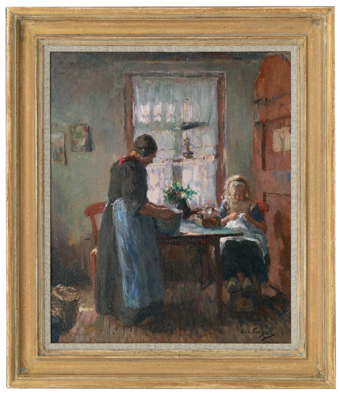 Tonge L.L. van der | 'Lammert' Leire van der Tonge | Schilderijen te koop aangeboden | Larens interieur met vrouw en handwerkend meisje, olieverf op doek 54,3 x 45,2 cm, gesigneerd rechtsonder Tonge L.L. van der | 'Lammert' Leire van der Tonge | Schilderijen te koop aangeboden | Larens interieur met vrouw en handwerkend meisje, olieverf op doek 54,3 x 45,2 cm, gesigneerd rechtsonder