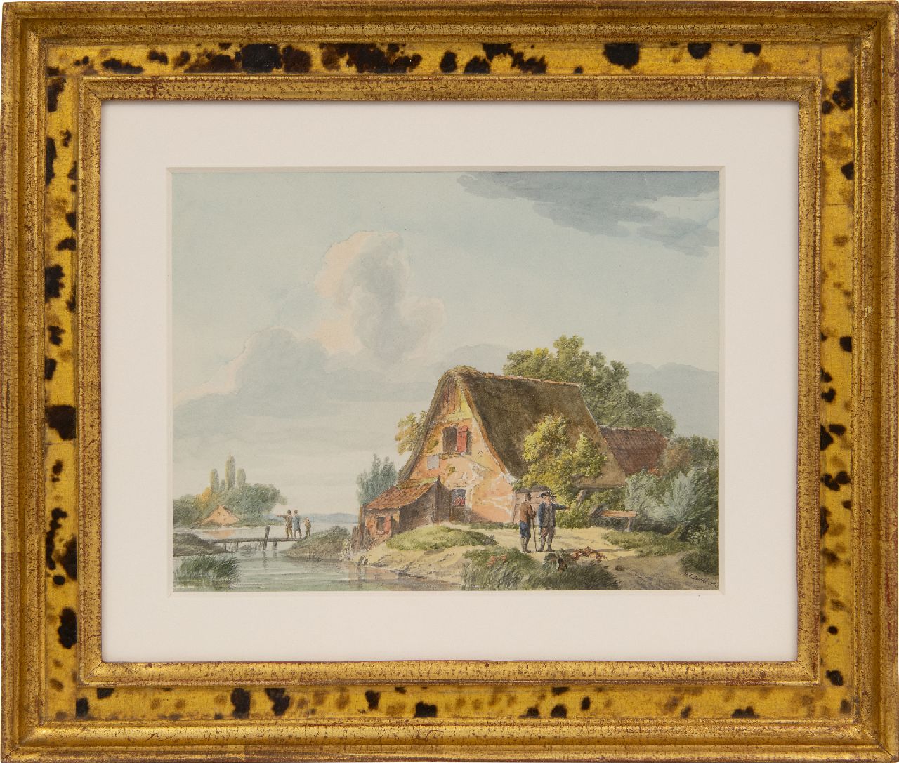 Koekkoek B.C.  | Barend Cornelis Koekkoek, Figuren bij een boerenhuis aan de rivier, aquarel op papier 14,7 x 19,4 cm, gesigneerd rechtsonder