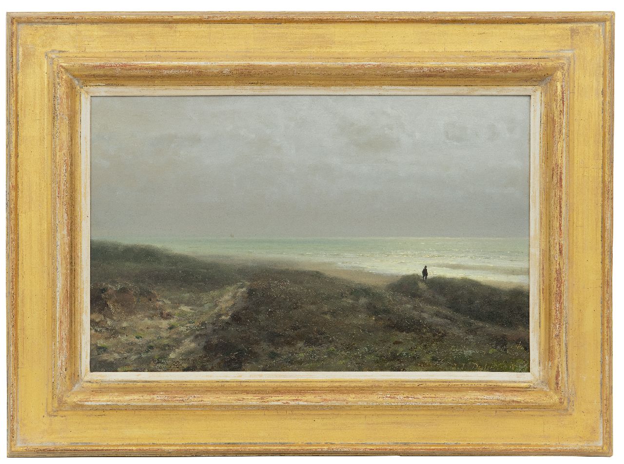 Destrée J.J. | Johannes Josephus Destrée, Duinlandschap met wandelaar uitkijkend over zee, olieverf op paneel 27,6 x 43,8 cm, gesigneerd rechtsonder en gedateerd 1879 Destrée J.J. | Johannes Josephus Destrée, Duinlandschap met wandelaar uitkijkend over zee, olieverf op paneel 27,6 x 43,8 cm, gesigneerd rechtsonder en gedateerd 1879