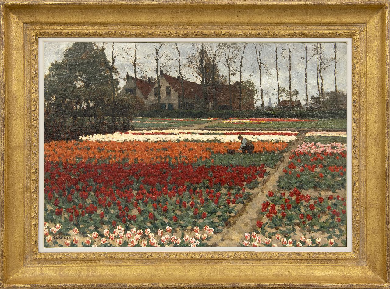 Koster A.L.  | Anton Louis 'Anton' Koster, Arbeider aan het werk in een tulpenveld, Overveen, olieverf op doek 52,4 x 75,6 cm, gesigneerd linksonder