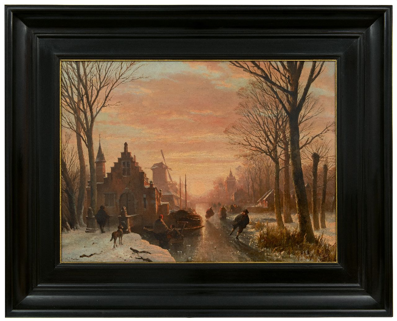 Wayen Pieterszen A. van der | Abraham van der Wayen Pieterszen, Schaatsers op een stadsgracht bij ondergaande zon, olieverf op paneel 43,3 x 59,3 cm, gesigneerd linksonder