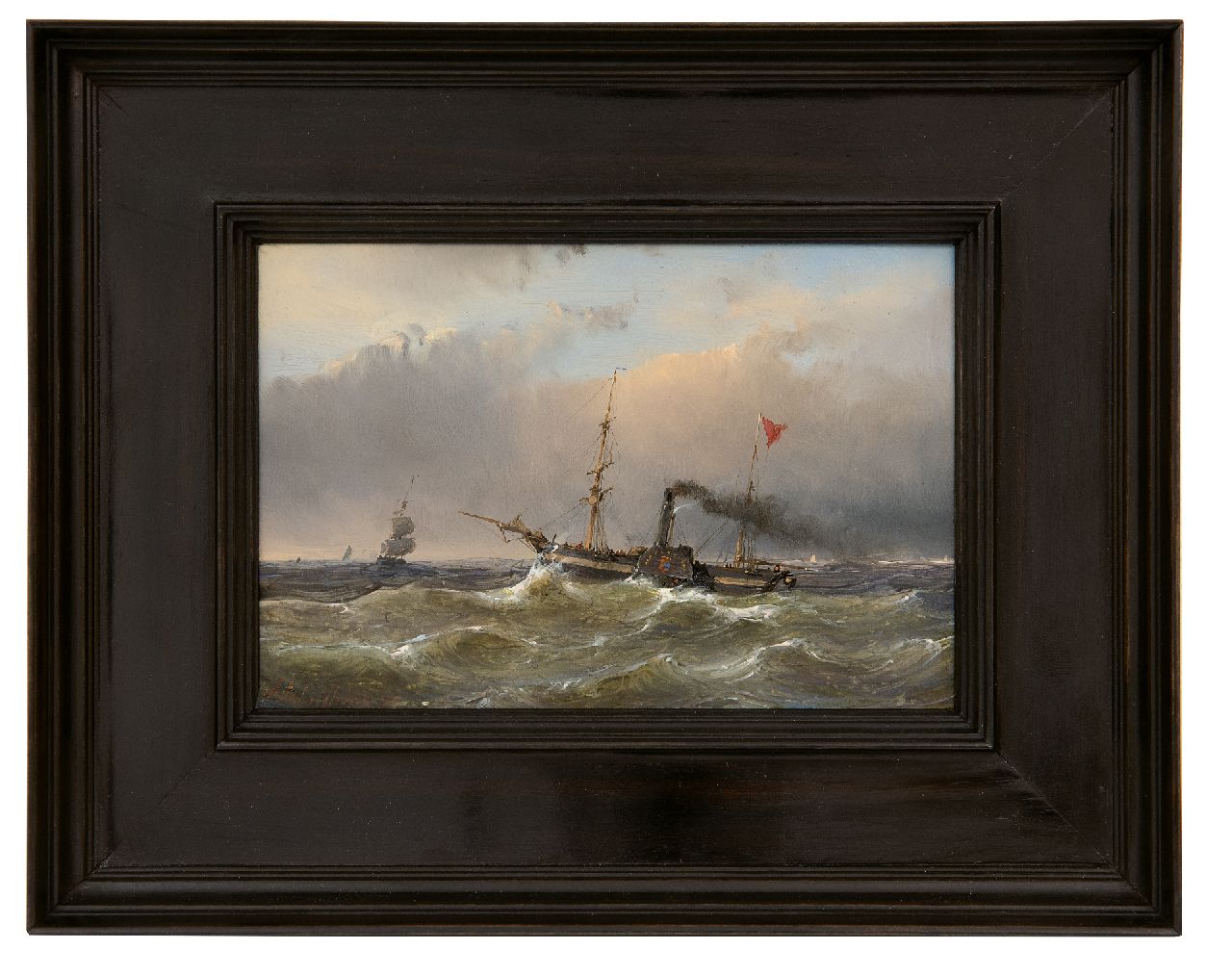 Schelfhout A.  | Andreas Schelfhout, Zeilschepen en raderstoomboot op zee, olieverf op paneel 10,3 x 15,3 cm, gesigneerd linksonder en gedateerd '50