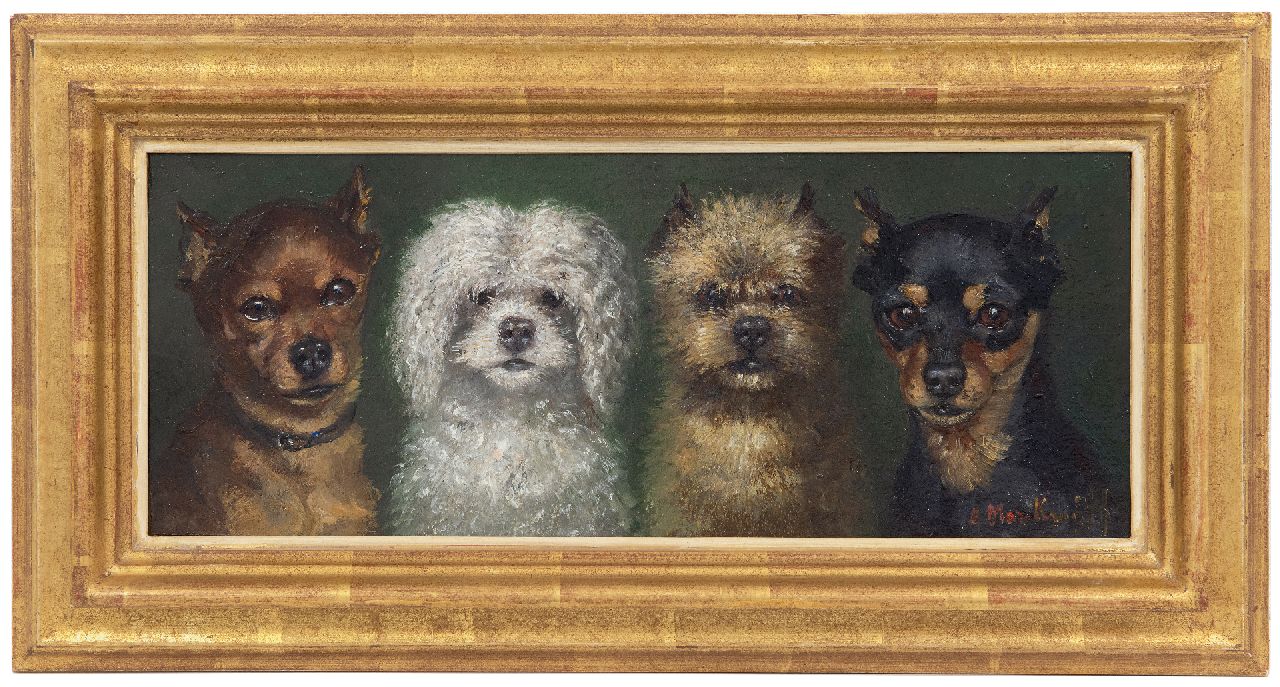 Kruijff A.M. | Anna Maria Kruijff, Vier kleine honden, olieverf op paneel 14,6 x 36,0 cm, gesigneerd rechtsonder Kruijff A.M. | Anna Maria Kruijff, Vier kleine honden, olieverf op paneel 14,6 x 36,0 cm, gesigneerd rechtsonder
