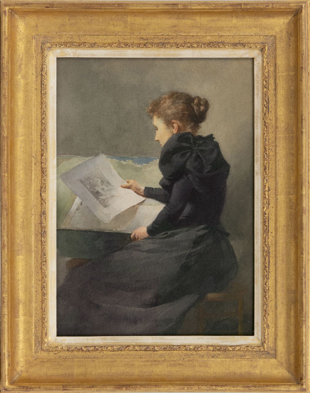 Nachtweh J.H.F.C.  | Johannes Hendrik 'Frederik' Coenraad Nachtweh | Aquarellen en tekeningen te koop aangeboden | Het beoordelen van de tekening (mogelijk echtgenote van de schilder), aquarel op papier 35,3 x 25,0 cm, gesigneerd rechtsonder