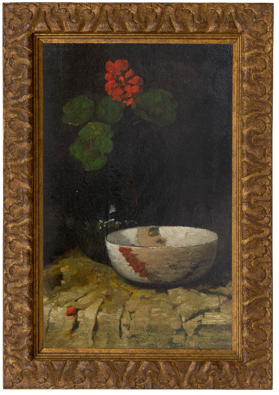 Berg W.H. van den | 'Willem' Hendrik van den Berg | Schilderijen te koop aangeboden | Stilleven met kom en geranium, olieverf op paneel 63,7 x 40,3 cm, gesigneerd rechtsboven
