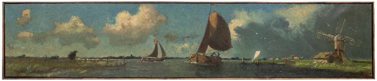 Wiersma I.  | Ids Wiersma | Schilderijen te koop aangeboden | Fries plassenlandschap met laverende platbodems, olieverf op doek 41,5 x 208,5 cm, gesigneerd rechtsonder