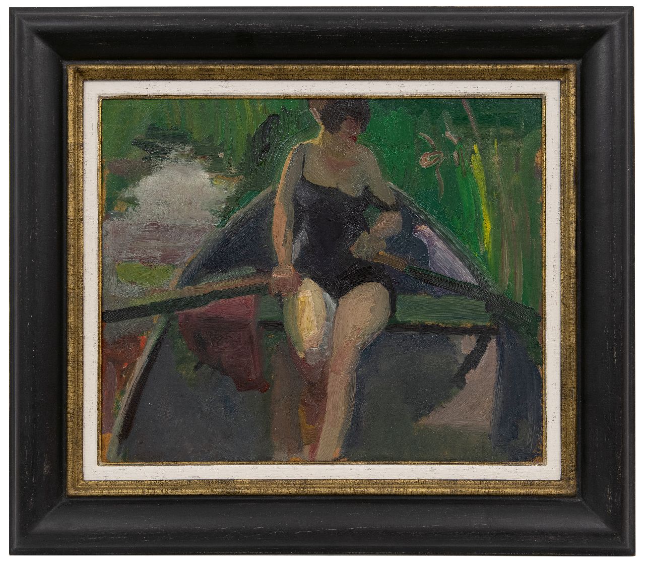 Kuijten H.J.  | Henricus Johannes 'Harrie' Kuijten, De vrouw van de kunstenaar, Leni, roeiend op een zomerdag, olieverf op board op paneel 37,9 x 45,8 cm, gesigneerd linksonder en te dateren ca. 1928