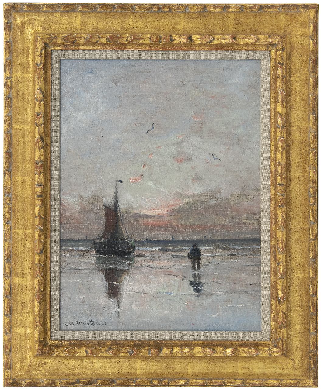 Munthe G.A.L.  | Gerhard Arij Ludwig 'Morgenstjerne' Munthe, Bomschuit voor anker bij zonsondergang, olieverf op doek 40,4 x 30,2 cm, gesigneerd linksonder en gedateerd '21