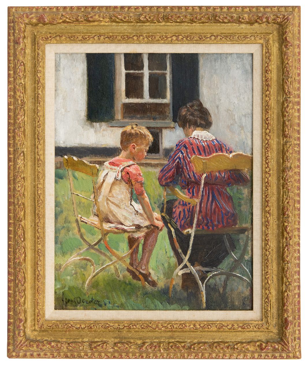 Oerder F.D. | 'Frans' David Oerder, Moeder en dochter in de tuin, olieverf op paneel 37,1 x 28,5 cm, gesigneerd linksonder Oerder F.D. | 'Frans' David Oerder, Moeder en dochter in de tuin, olieverf op paneel 37,1 x 28,5 cm, gesigneerd linksonder