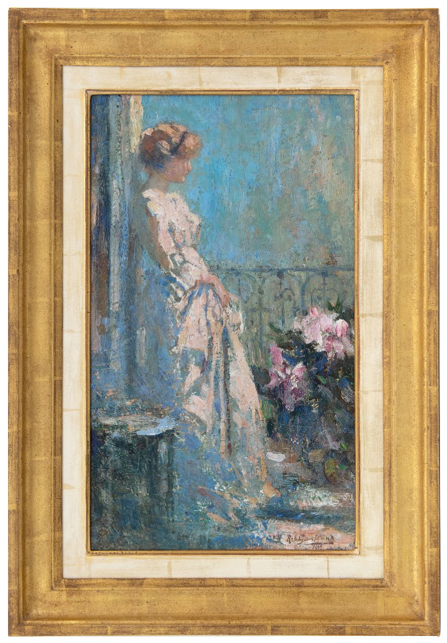 Graafland R.A.A.J. | Robert Archibald Antonius Joan 'Rob' Graafland, Mijmering op het terras, olieverf op doek op board 44,8 x 26,2 cm, gesigneerd rechtsonder en gedateerd 1915 Graafland R.A.A.J. | Robert Archibald Antonius Joan 'Rob' Graafland, Mijmering op het terras, olieverf op doek op board 44,8 x 26,2 cm, gesigneerd rechtsonder en gedateerd 1915