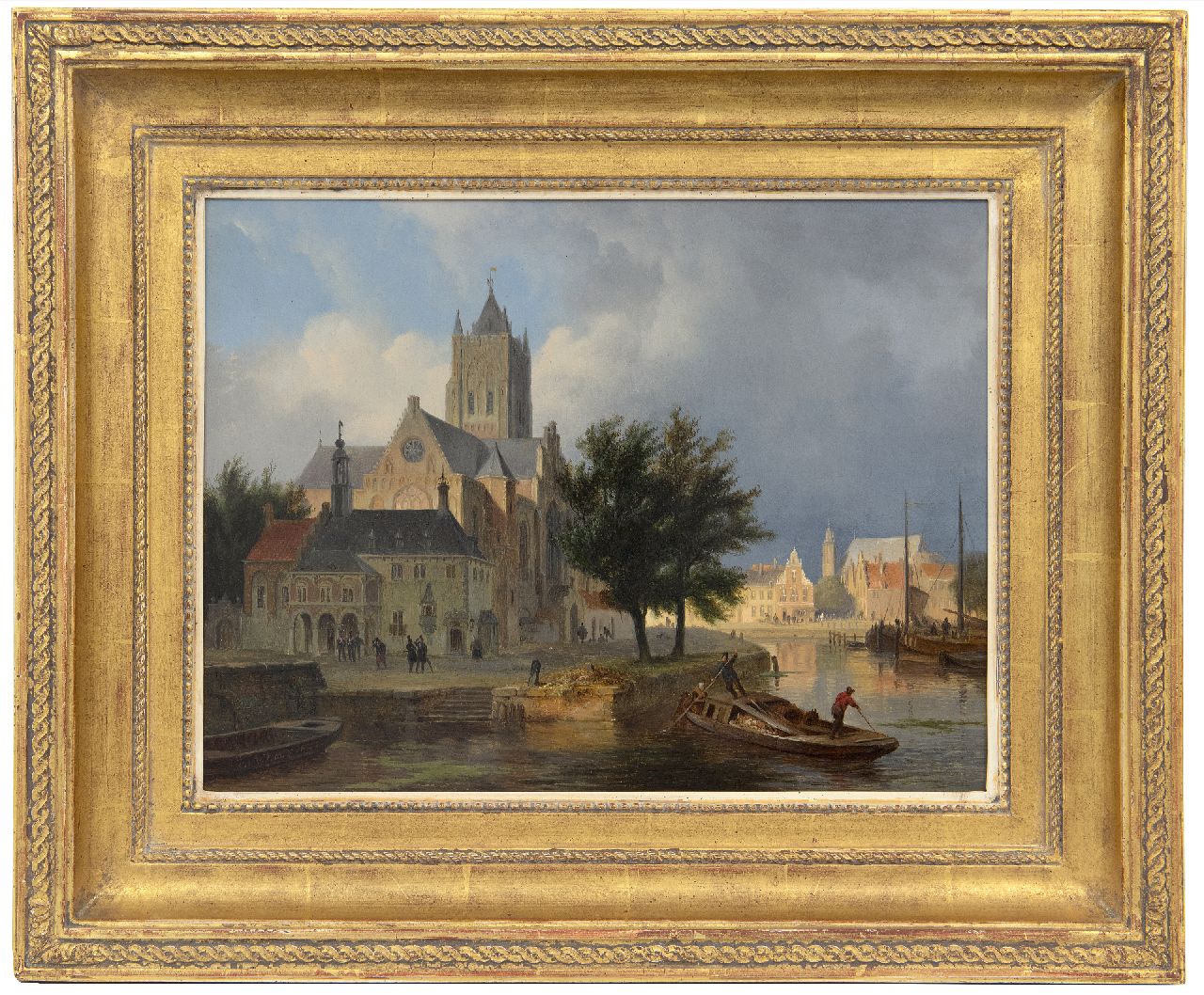 Hove B.J. van | Bartholomeus Johannes 'Bart' van Hove | Schilderijen te koop aangeboden | Fantasie stadsgezicht, mogelijk Gorinchem, olieverf op paneel 28,8 x 38,0 cm, gesigneerd linksonder