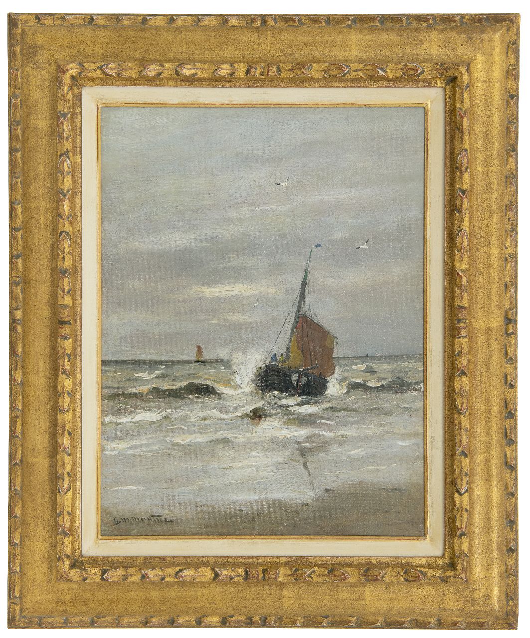 Munthe G.A.L. | Gerhard Arij Ludwig 'Morgenstjerne' Munthe, De terugkeer van de 'KW9' op het strand van Katwijk, olieverf op doek 40,4 x 30,8 cm, gesigneerd linksonder Munthe G.A.L. | Gerhard Arij Ludwig 'Morgenstjerne' Munthe, De terugkeer van de 'KW9' op het strand van Katwijk, olieverf op doek 40,4 x 30,8 cm, gesigneerd linksonder