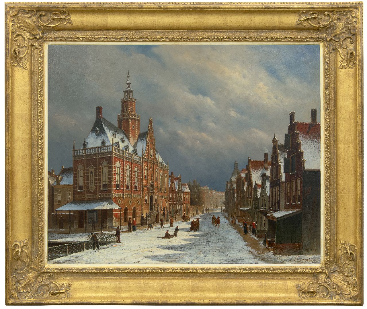 Jongh O.R. de | Oene Romkes de Jongh, Het stadhuis van Bolsward in de sneeuw, olieverf op doek 69,9 x 86,0 cm, gesigneerd rechtsonder Jongh O.R. de | Oene Romkes de Jongh, Het stadhuis van Bolsward in de sneeuw, olieverf op doek 69,9 x 86,0 cm, gesigneerd rechtsonder