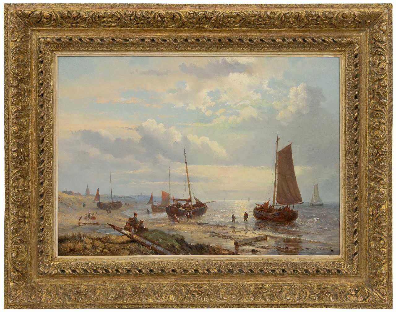 Opdenhoff G.W. | Witzel 'George Willem' Opdenhoff, Visserspinken en vissersvolk op het strand van Scheveningen, olieverf op doek 47,5 x 66,8 cm, gesigneerd rechtsonder Opdenhoff G.W. | Witzel 'George Willem' Opdenhoff, Visserspinken en vissersvolk op het strand van Scheveningen, olieverf op doek 47,5 x 66,8 cm, gesigneerd rechtsonder