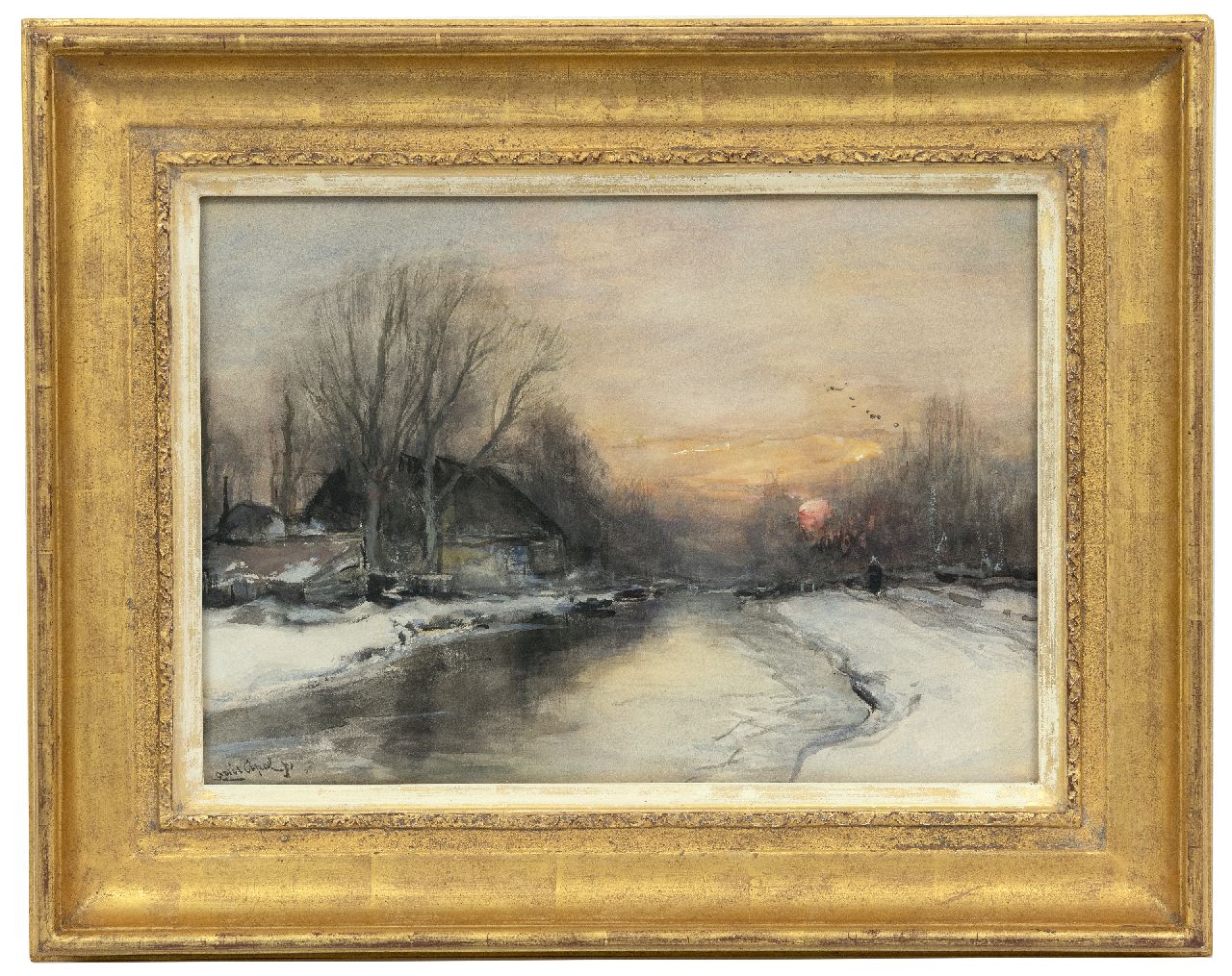 Apol L.F.H.  | Lodewijk Franciscus Hendrik 'Louis' Apol, Besneeuwde rivieroever bij zonsondergang, aquarel op papier 25,3 x 35,4 cm, gesigneerd linksonder