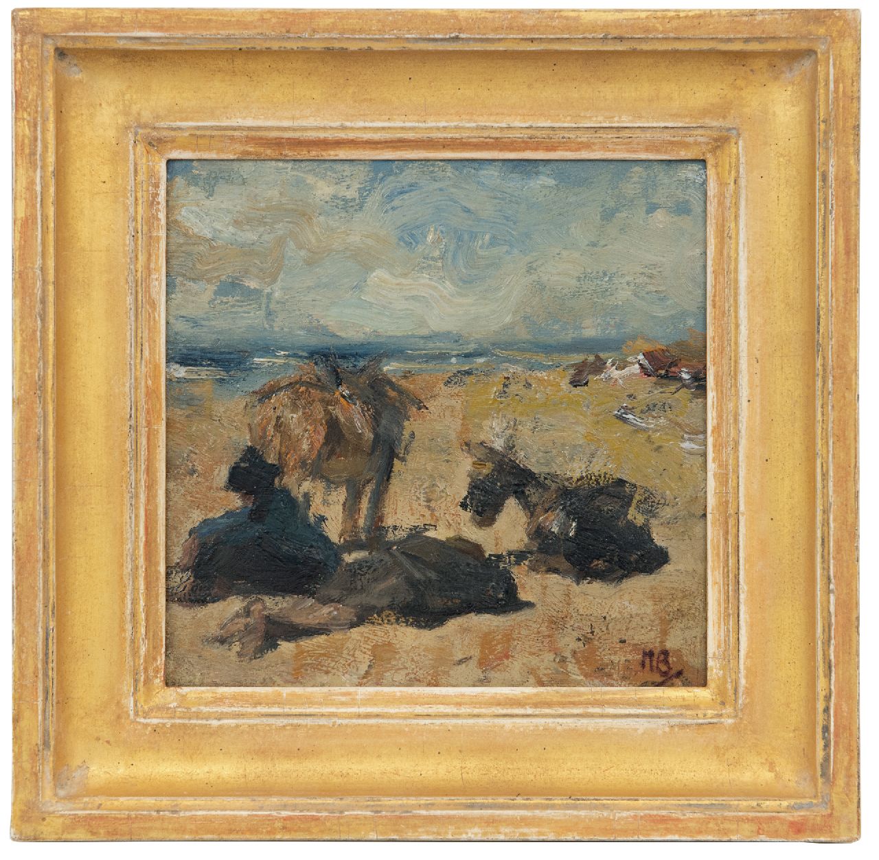 Bauer M.A.J. | 'Marius' Alexander Jacques Bauer, Rustende ezels en ezeldrijver op het strand, olieverf op paneel 18,5 x 18,6 cm, gesigneerd rechtsonder met initialen Bauer M.A.J. | 'Marius' Alexander Jacques Bauer, Rustende ezels en ezeldrijver op het strand, olieverf op paneel 18,5 x 18,6 cm, gesigneerd rechtsonder met initialen
