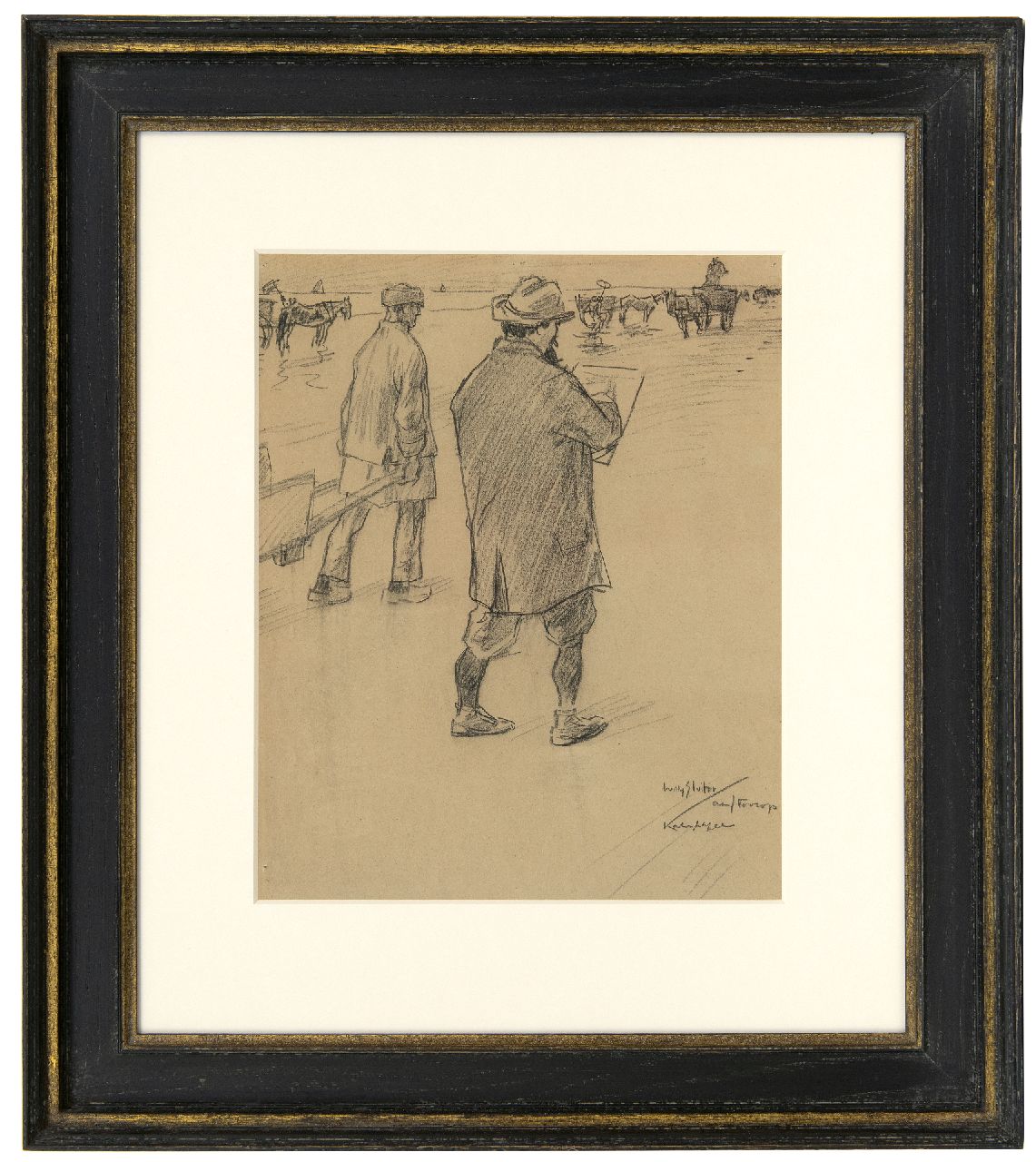 Sluiter J.W.  | Jan Willem 'Willy' Sluiter | Aquarellen en tekeningen te koop aangeboden | Jan Toorop schetsend op het strand van Katwijk aan Zee, zwart krijt op papier 32,6 x 27,0 cm, gesigneerd rechtsonder en te dateren ca. 1898