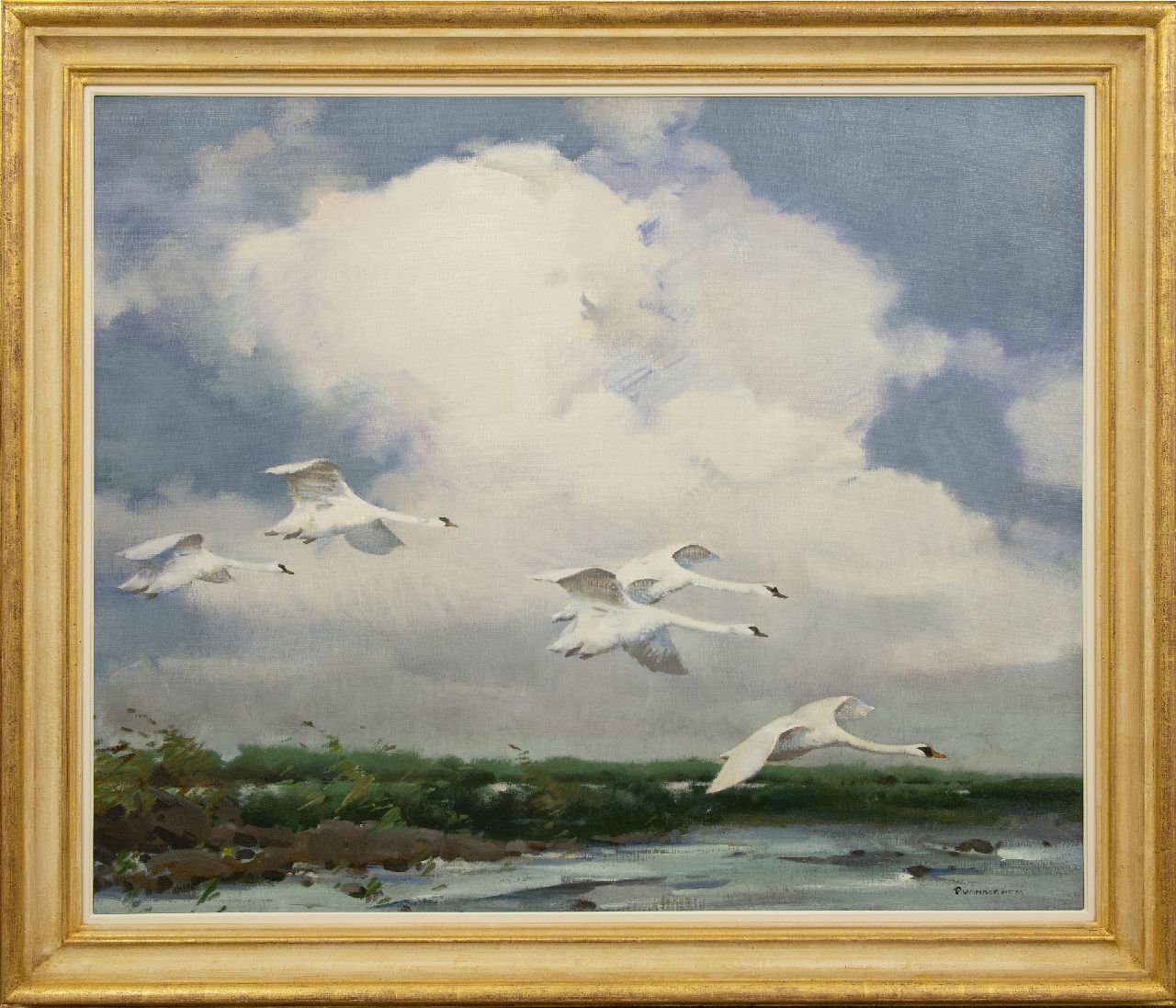 Hem P. van der | Pieter 'Piet' van der Hem, Vliegende knobbelzwanen boven het water, olieverf op doek 101,2 x 123,2 cm, gesigneerd rechtsonder Hem P. van der | Pieter 'Piet' van der Hem, Vliegende knobbelzwanen boven het water, olieverf op doek 101,2 x 123,2 cm, gesigneerd rechtsonder