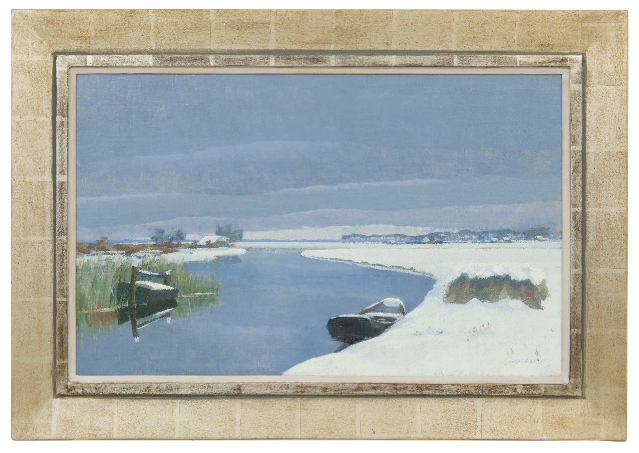 Smorenberg D. | Dirk Smorenberg | Schilderijen te koop aangeboden | Winter bij Loosdrecht met roeiboot en viskare, olieverf op doek 46,1 x 73,5 cm, gesigneerd rechtsonder Smorenberg D. | Dirk Smorenberg | Schilderijen te koop aangeboden | Winter bij Loosdrecht met roeiboot en viskare, olieverf op doek 46,1 x 73,5 cm, gesigneerd rechtsonder