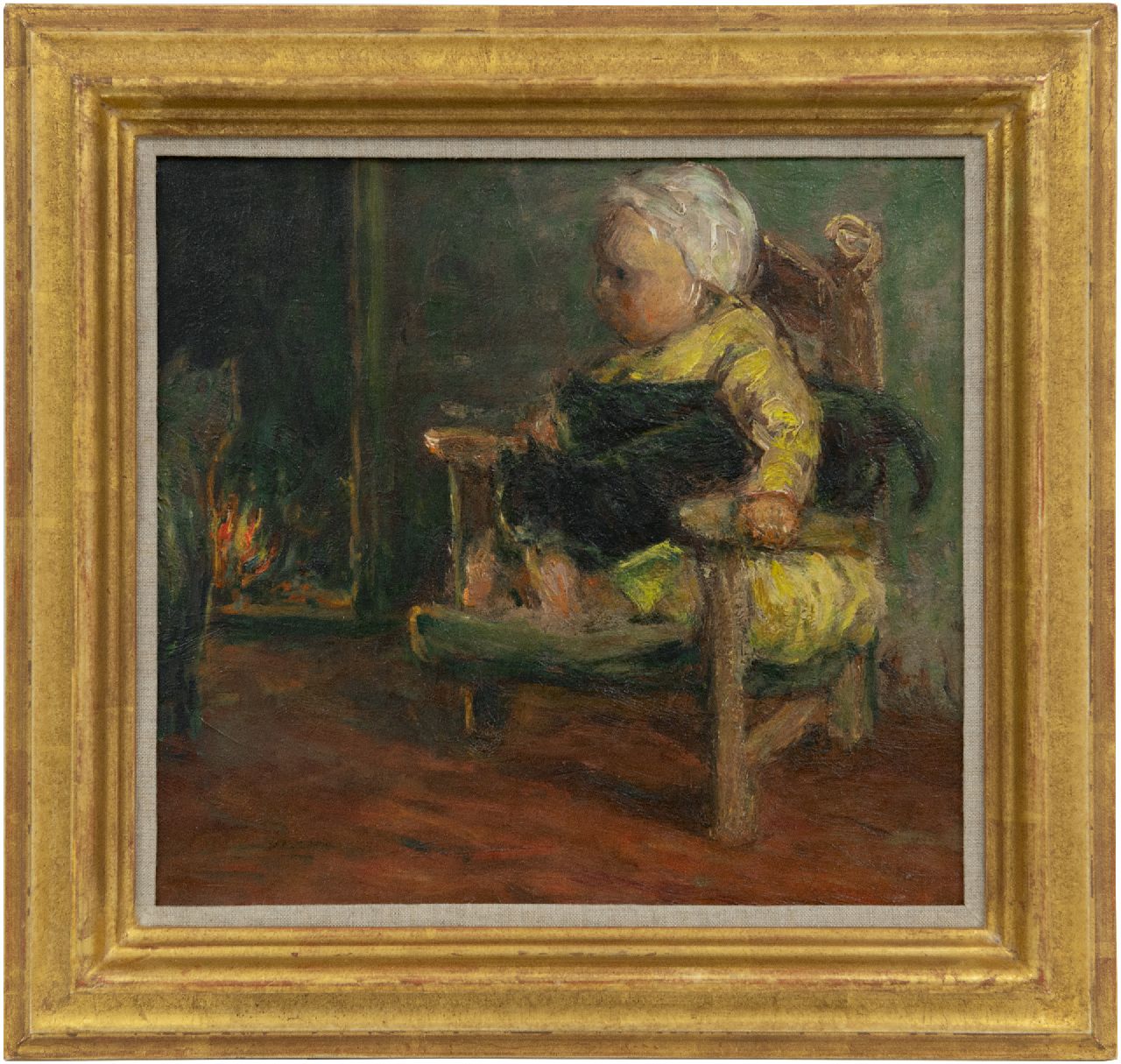 Blommers B.J. | Bernardus Johannes 'Bernard' Blommers, Kind in stoeltje met poezen voor de open haard, olieverf op doek 26,2 x 28,1 cm Blommers B.J. | Bernardus Johannes 'Bernard' Blommers, Kind in stoeltje met poezen voor de open haard, olieverf op doek 26,2 x 28,1 cm
