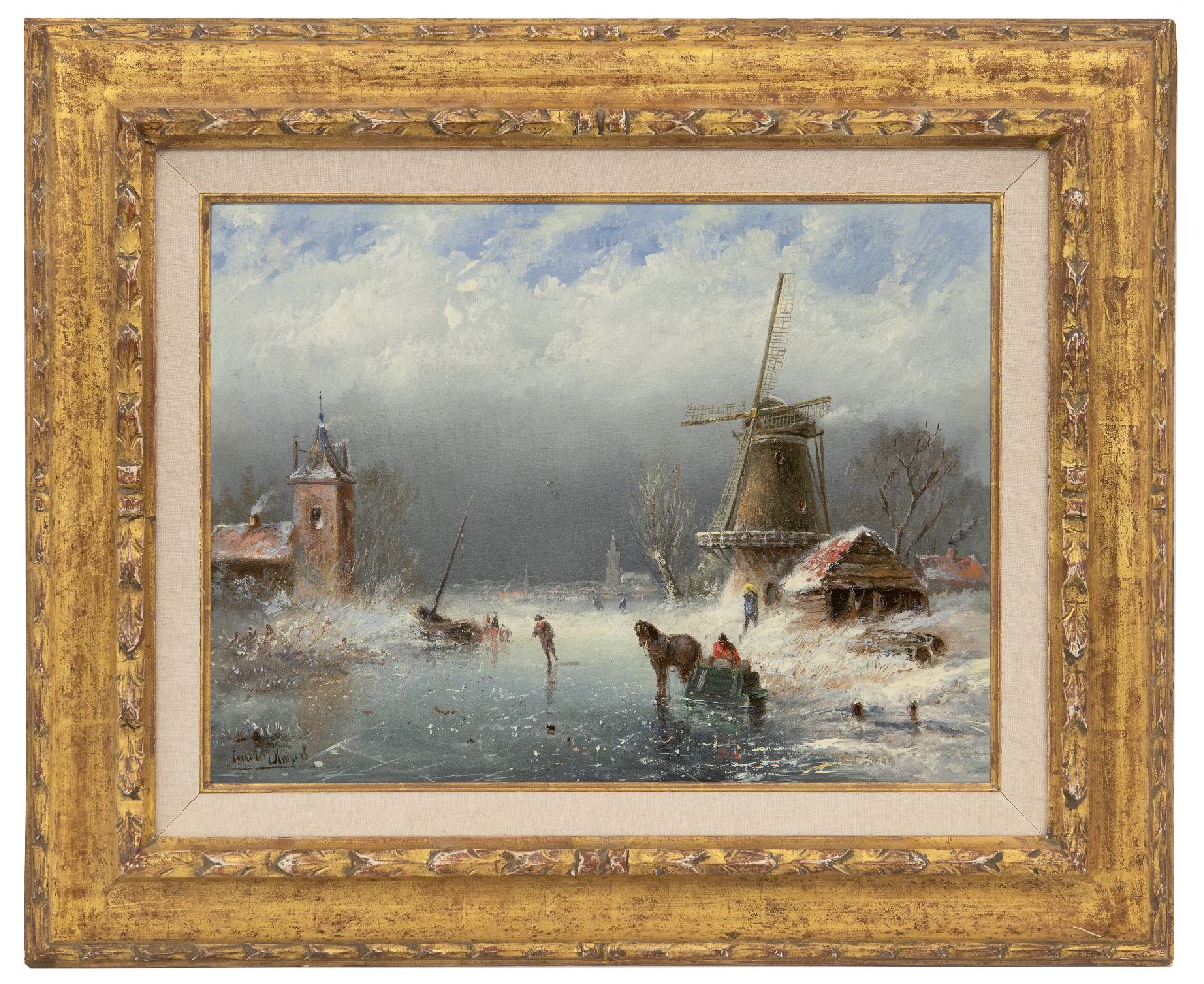 Kuijpers C.  | Cornelis Kuijpers, Bevroren vaart met schaatsers bij naderende sneeuwbui, olieverf op doek 30,5 x 39,9 cm, gesigneerd linksonder en te dateren ca. 1890