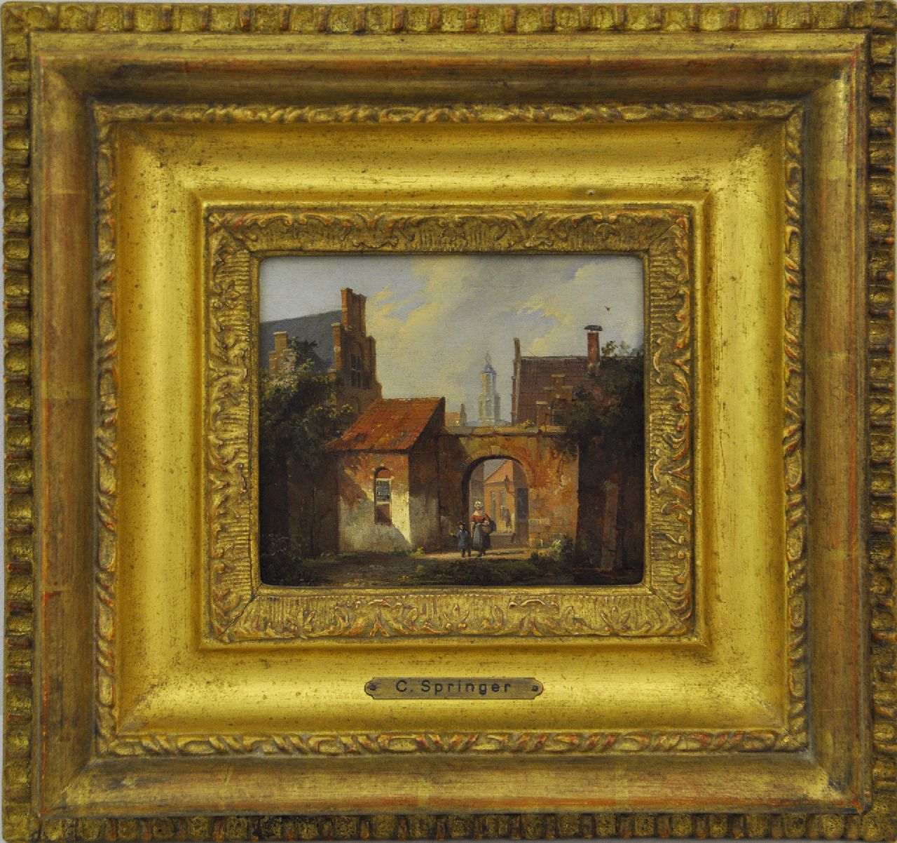 Springer C. | Cornelis Springer, Zonnig stadgezicht met poortje, olieverf op paneel 13,7 x 16,1 cm, gesigneerd linksonder met monogram en verso op etiket voluit en te dateren ca. 1838 Springer C. | Cornelis Springer, Zonnig stadgezicht met poortje, olieverf op paneel 13,7 x 16,1 cm, gesigneerd linksonder met monogram en verso op etiket voluit en te dateren ca. 1838