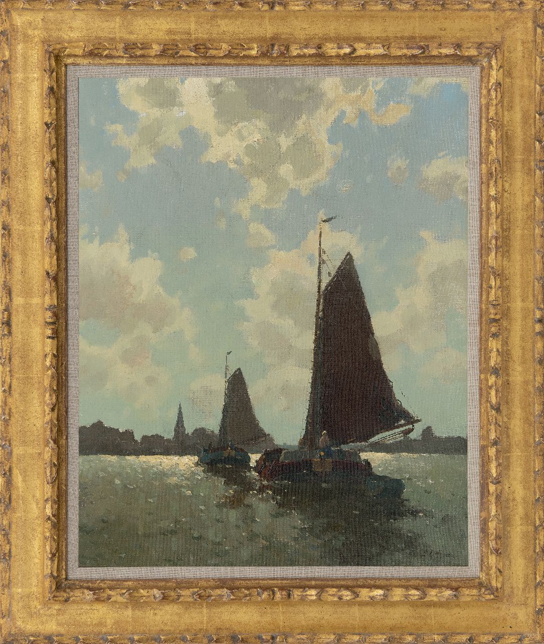 Ydema E.  | Egnatius Ydema, Twee tjalken varend bij tegenlicht, bij Eernewoude, olieverf op doek 50,5 x 40,3 cm, gesigneerd rechtsonder