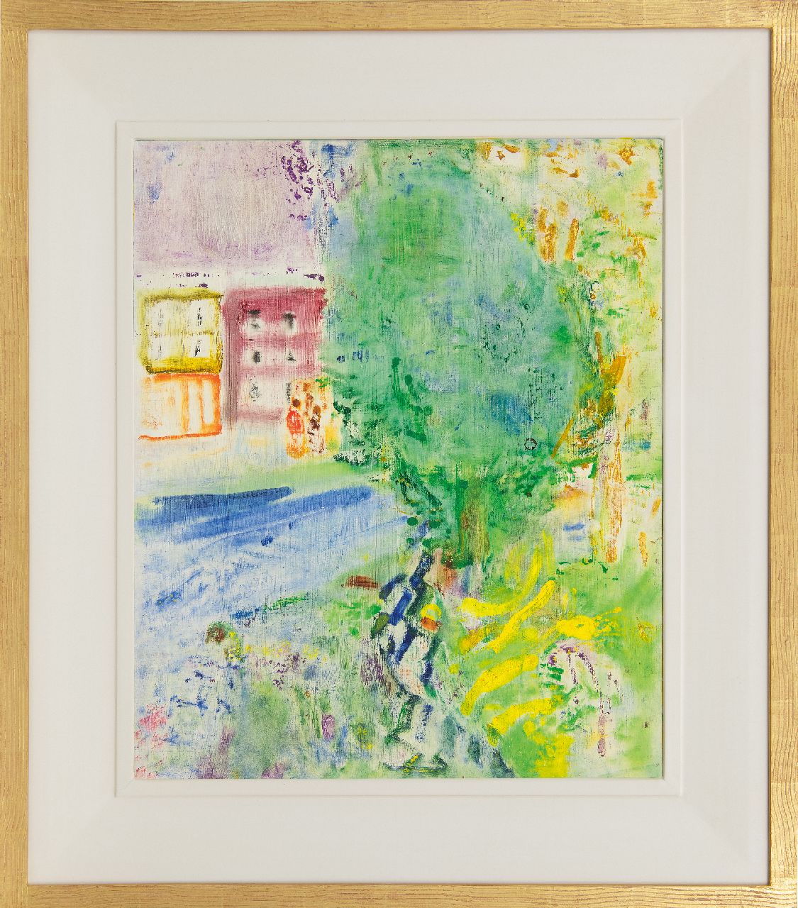 Hansen J.G.  | Jacob Gerard 'Job' Hansen, huizen, kinderen; boom en water, benzinerel op paneel 60,5 x 50,6 cm, gesigneerd verso en verso gedateerd 18 en 19 mei 1951 en 1955