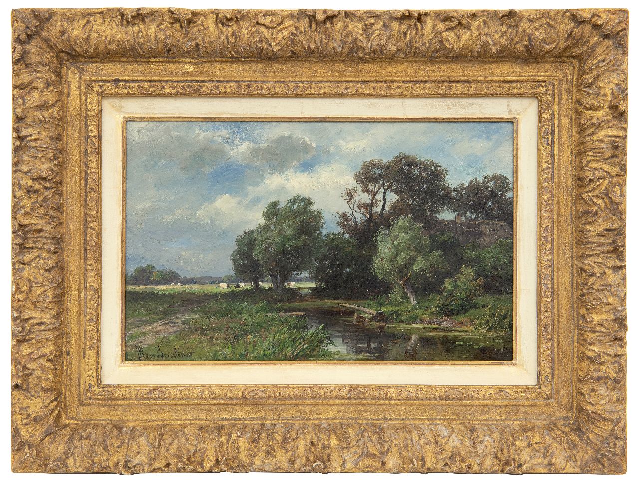 Borselen J.W. van | Jan Willem van Borselen, Polderlandschap met grazend vee, olieverf op paneel 18,0 x 29,0 cm, gesigneerd linksonder Borselen J.W. van | Jan Willem van Borselen, Polderlandschap met grazend vee, olieverf op paneel 18,0 x 29,0 cm, gesigneerd linksonder