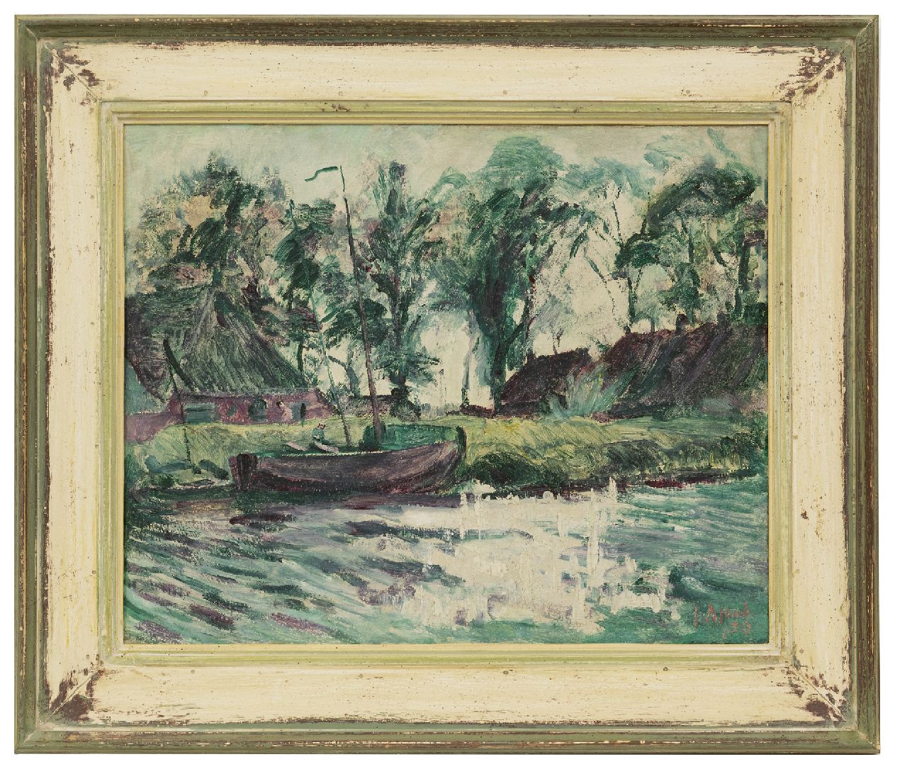 Altink J. | Jan Altink | Schilderijen te koop aangeboden | Afgemeerd scheepje bij boerderijen, wasverf op doek 43,0 x 54,4 cm, gesigneerd rechtsonder en gedateerd '29 Altink J. | Jan Altink | Schilderijen te koop aangeboden | Afgemeerd scheepje bij boerderijen, wasverf op doek 43,0 x 54,4 cm, gesigneerd rechtsonder en gedateerd '29
