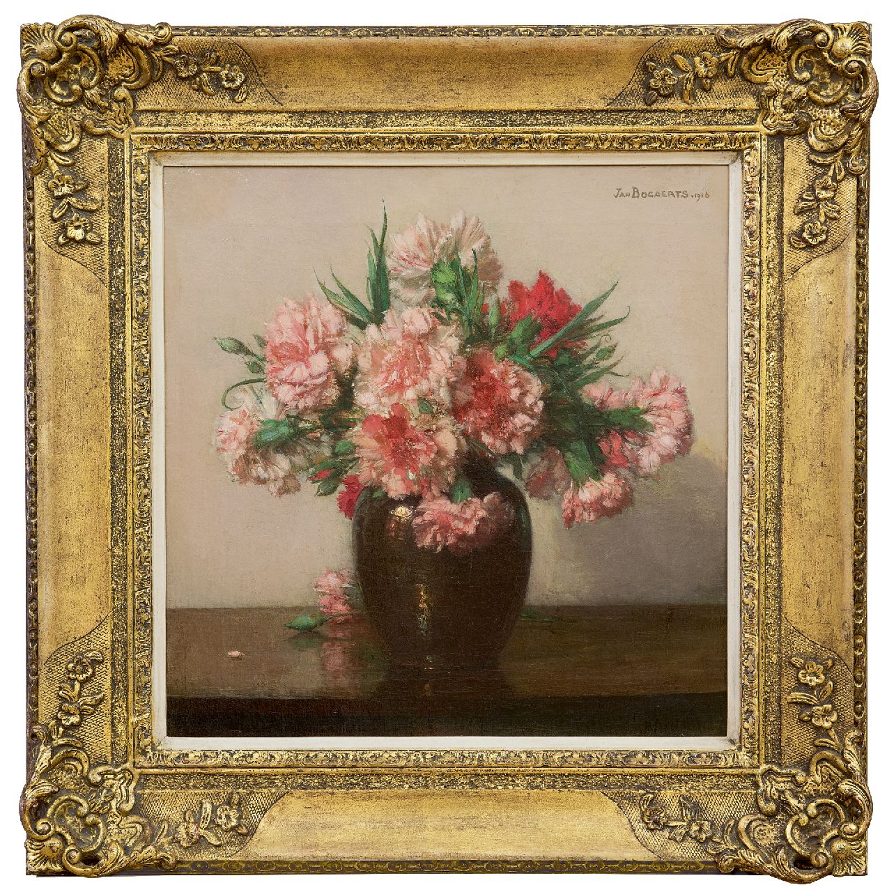 Bogaerts J.J.M. | Johannes Jacobus Maria 'Jan' Bogaerts | Schilderijen te koop aangeboden | Roze anjers, olieverf op doek 39,6 x 38,5 cm, gesigneerd rechtsboven en gedateerd 1916 Bogaerts J.J.M. | Johannes Jacobus Maria 'Jan' Bogaerts | Schilderijen te koop aangeboden | Roze anjers, olieverf op doek 39,6 x 38,5 cm, gesigneerd rechtsboven en gedateerd 1916