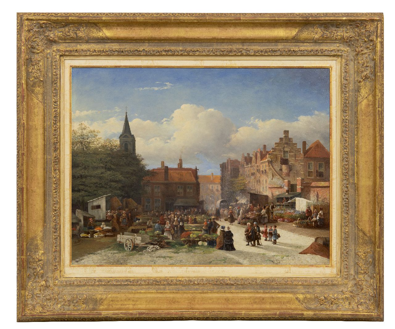 Bles J. | Joseph Bles, Groente- en bloemenmarkt in Hollandse stad, olieverf op paneel 45,3 x 58,8 cm, gesigneerd linksonder en gedateerd '51 Bles J. | Joseph Bles, Groente- en bloemenmarkt in Hollandse stad, olieverf op paneel 45,3 x 58,8 cm, gesigneerd linksonder en gedateerd '51