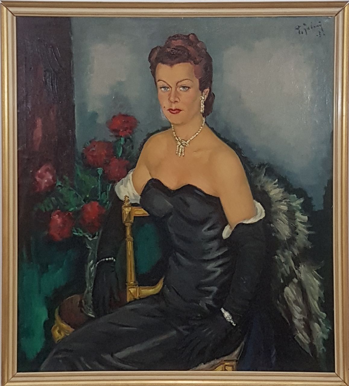 Jabaaij P.  | Piet 'Pleun' Jabaaij, Portret van een vrouw in avondkleding, olieverf op doek 100,0 x 99,8 cm, gesigneerd rechtsboven en gedateerd '52