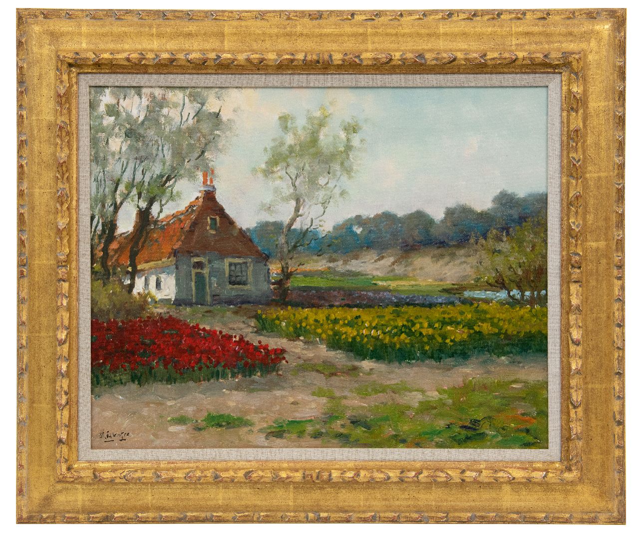 Winter L. de | Leonardus 'Leo' de Winter, Boerderij met bollenvelden achter de duinen, olieverf op doek 39,8 x 50,1 cm, gesigneerd linksonder Winter L. de | Leonardus 'Leo' de Winter, Boerderij met bollenvelden achter de duinen, olieverf op doek 39,8 x 50,1 cm, gesigneerd linksonder