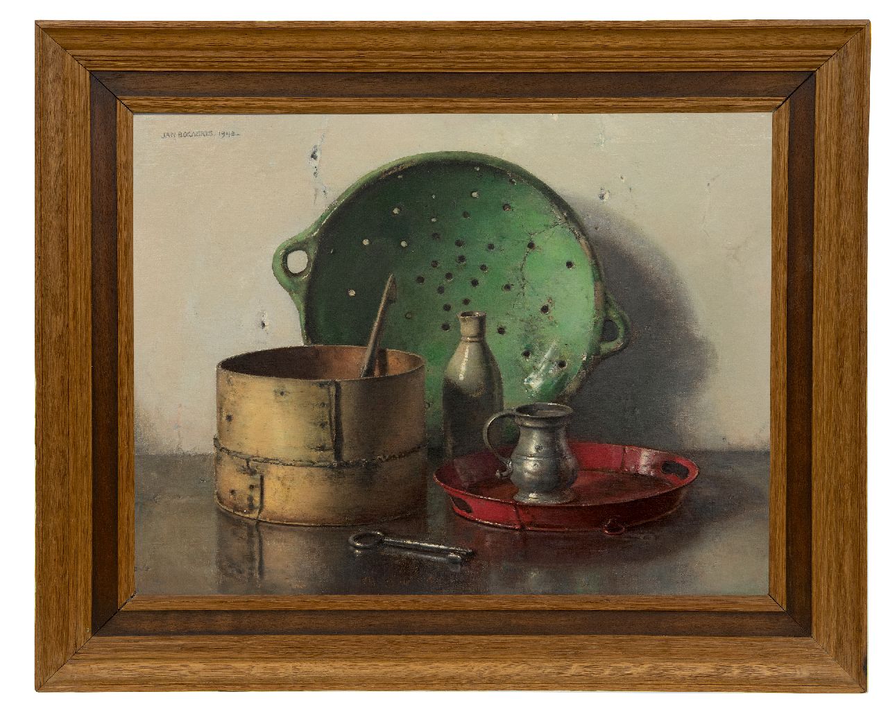 Bogaerts J.J.M. | Johannes Jacobus Maria 'Jan' Bogaerts, Stilleven met groene zeef, olieverf op doek 50,2 x 66,1 cm, gesigneerd linksboven en gedateerd 1948 Bogaerts J.J.M. | Johannes Jacobus Maria 'Jan' Bogaerts, Stilleven met groene zeef, olieverf op doek 50,2 x 66,1 cm, gesigneerd linksboven en gedateerd 1948
