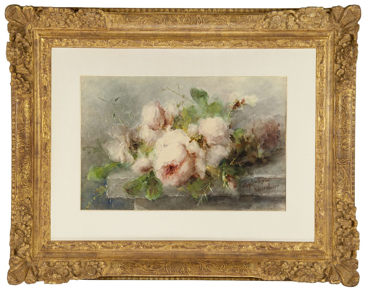 Roosenboom M.C.J.W.H. | 'Margaretha' Cornelia Johanna Wilhelmina Henriëtta Roosenboom | Aquarellen en tekeningen te koop aangeboden | Roze rozen op stenen plint, aquarel en gouache op papier 35,1 x 53,3 cm, gesigneerd rechtsonder en te dateren ca. 1892-1896 Roosenboom M.C.J.W.H. | 'Margaretha' Cornelia Johanna Wilhelmina Henriëtta Roosenboom | Aquarellen en tekeningen te koop aangeboden | Roze rozen op stenen plint, aquarel en gouache op papier 35,1 x 53,3 cm, gesigneerd rechtsonder en te dateren ca. 1892-1896