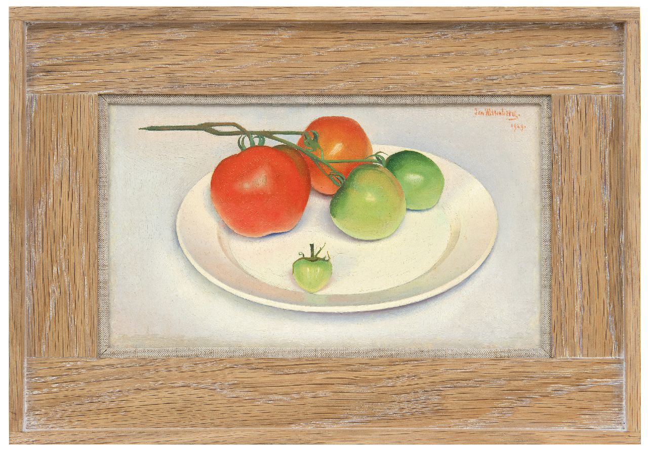 Wittenberg J.H.W.  | 'Jan' Hendrik Willem Wittenberg, Tomaten op bord, olieverf op doek op paneel 15,3 x 26,7 cm, gesigneerd rechtsboven en gedateerd 1929