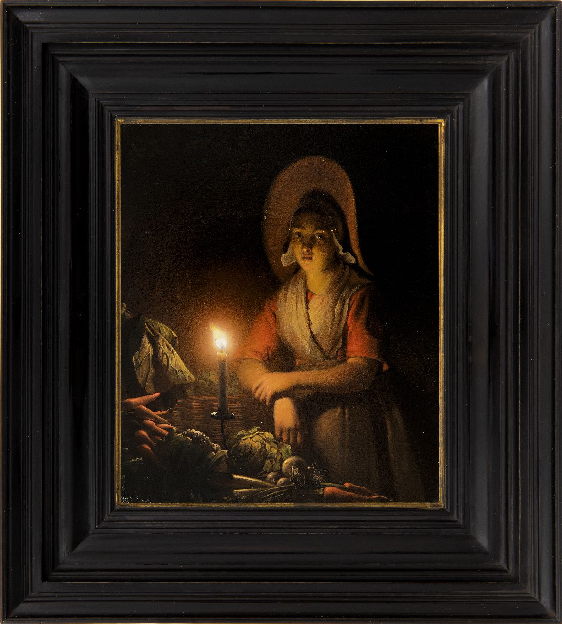 Schendel P. van | Petrus van Schendel, Scheveningse groenteverkoopster bij kaarslicht, olieverf op paneel 19,4 x 16,5 cm, gesigneerd rechtsboven en verso en r.b. en verso gedateerd 1842 Schendel P. van | Petrus van Schendel, Scheveningse groenteverkoopster bij kaarslicht, olieverf op paneel 19,4 x 16,5 cm, gesigneerd rechtsboven en verso en r.b. en verso gedateerd 1842