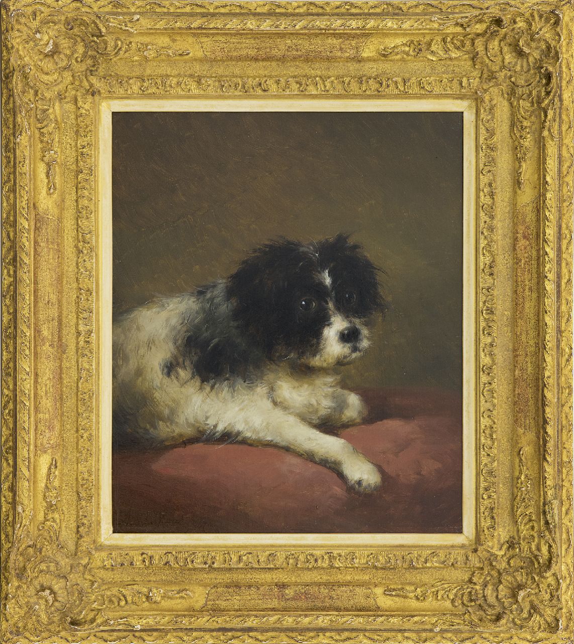 Schelfhout A. | Andreas Schelfhout, Portret van een hondje liggend op een rood kussen, olieverf op paneel 32,1 x 27,3 cm, gesigneerd linksonder en gedateerd '47 Schelfhout A. | Andreas Schelfhout, Portret van een hondje liggend op een rood kussen, olieverf op paneel 32,1 x 27,3 cm, gesigneerd linksonder en gedateerd '47