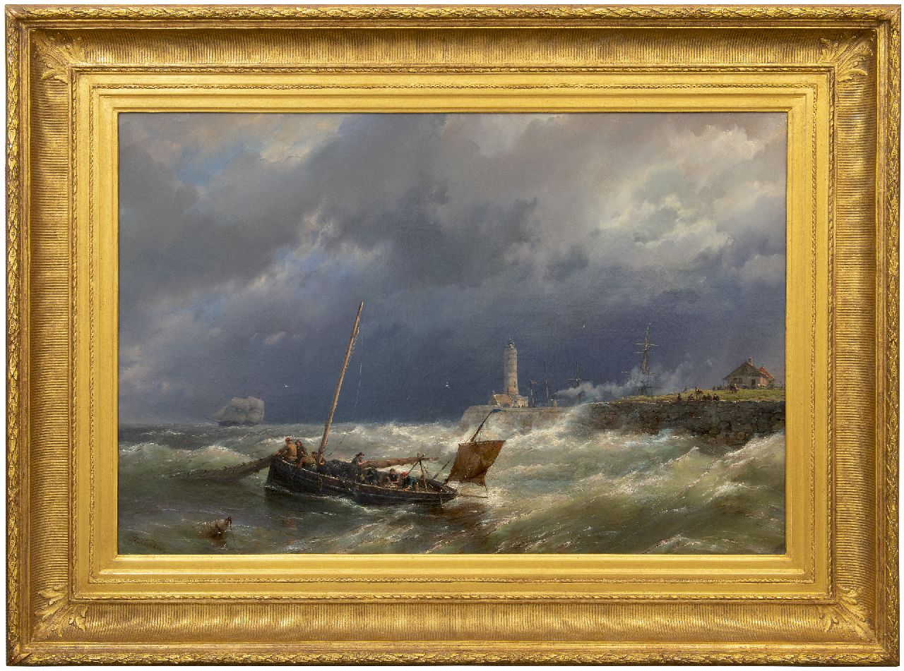 Koekkoek H.  | Hermanus Koekkoek, Het binnenhalen van de netten bij stormachtig weer, olieverf op doek 67,4 x 100,7 cm, gesigneerd linksonder